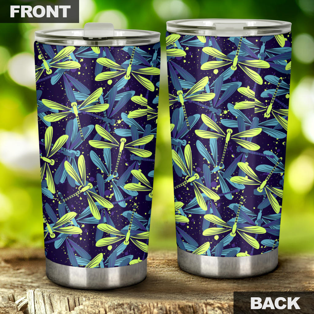 Dragonfly Lime Blue Print Pattern Tumbler