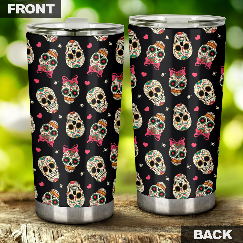 Sugar Skull Pink Bow Themed Print Tumbler