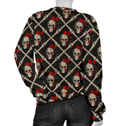 Skull Roses Bone Design Themed Print Women Long Sleeve Sweatshirt