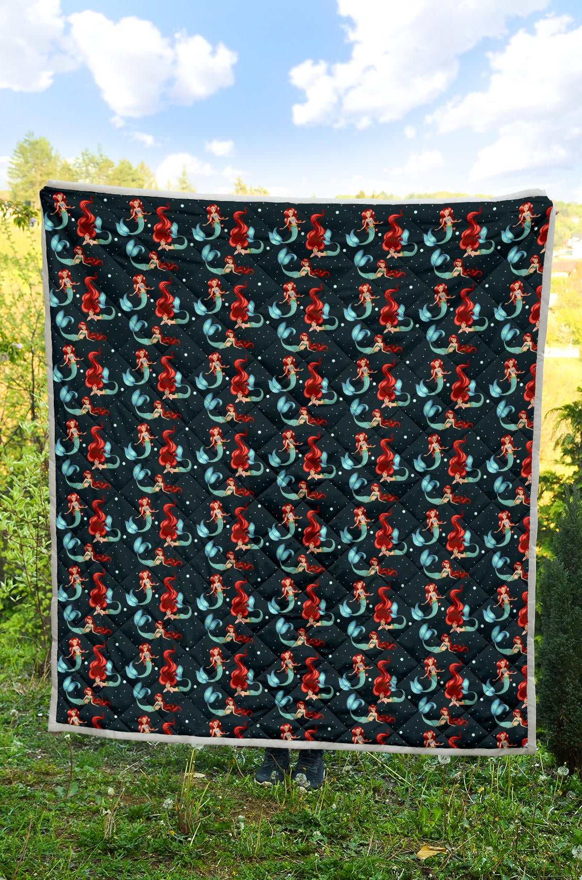 Mermaid Girl Themed Design Print Quilt Bedspread