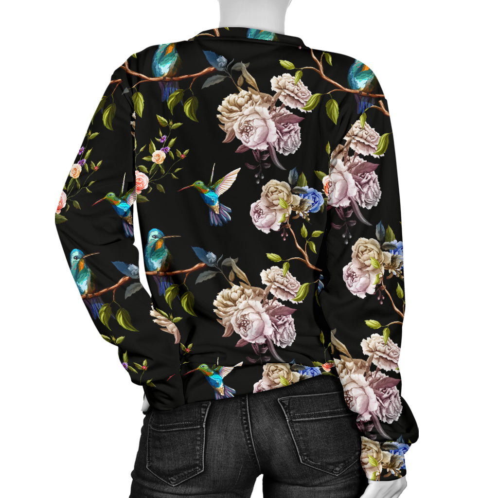 Hummingbird Flower Themed Print Women Long Sleeve Sweatshirt