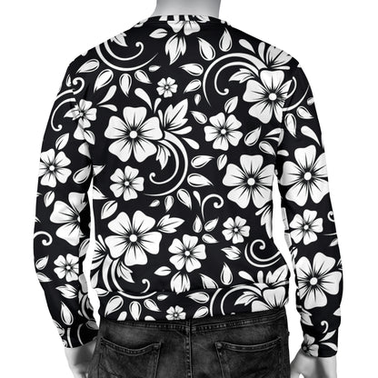 Floral Black White Themed Print Men Long Sleeve Sweatshirt