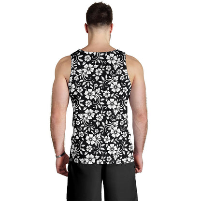 Floral Black White Themed Print Men Tank Top