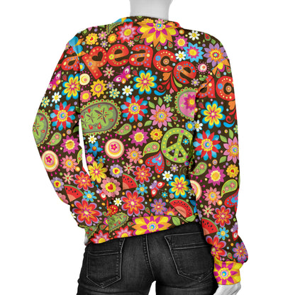 Flower Power Peace Paisley Themed Print Women Long Sleeve Sweatshirt