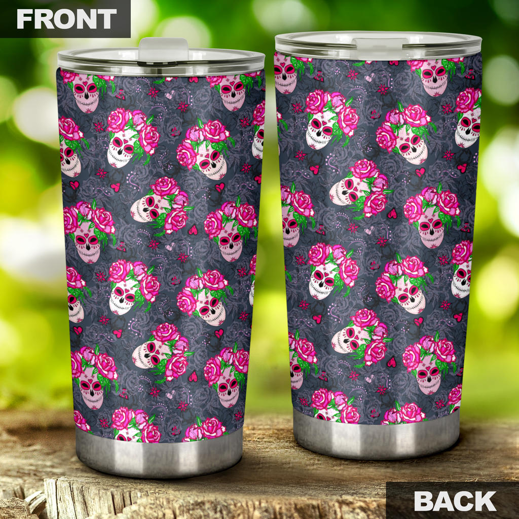 Sugar Skull Pink Rose Themed Print Tumbler