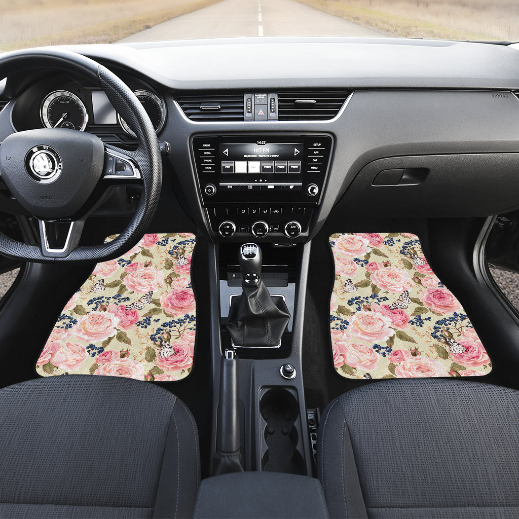 Floral Pink Butterfly Print Car Floor Mats Front Back