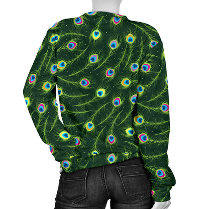 Peacock Feather Green Design Print Women Long Sleeve Sweatshirt