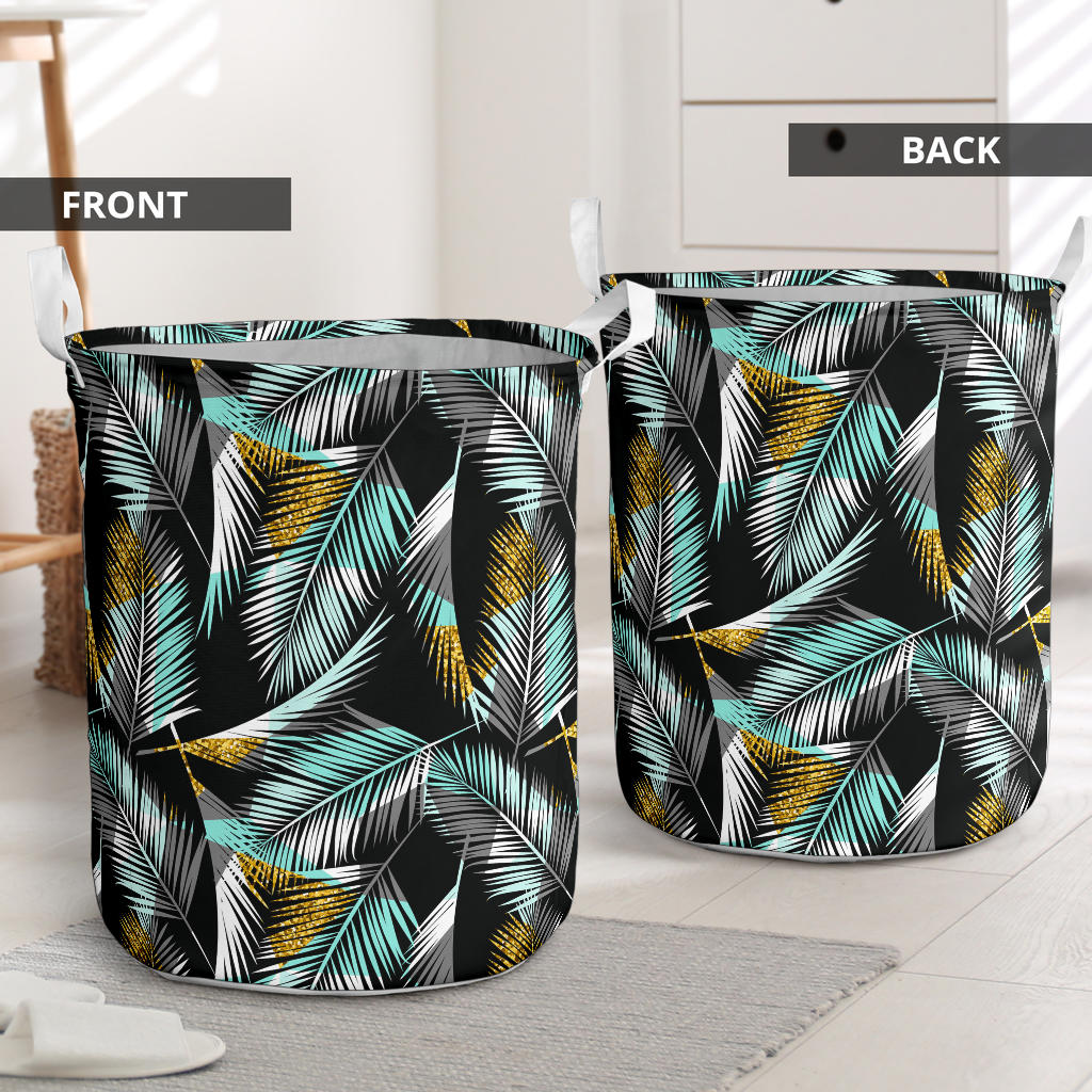 Gold Glitter Cyan Tropical Palm Leaves Laundry Basket