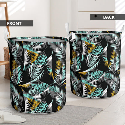 Gold Glitter Cyan Tropical Palm Leaves Laundry Basket