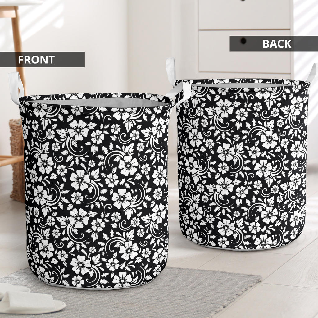 Floral Black White Themed Print Laundry Basket