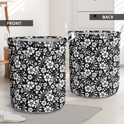 Floral Black White Themed Print Laundry Basket