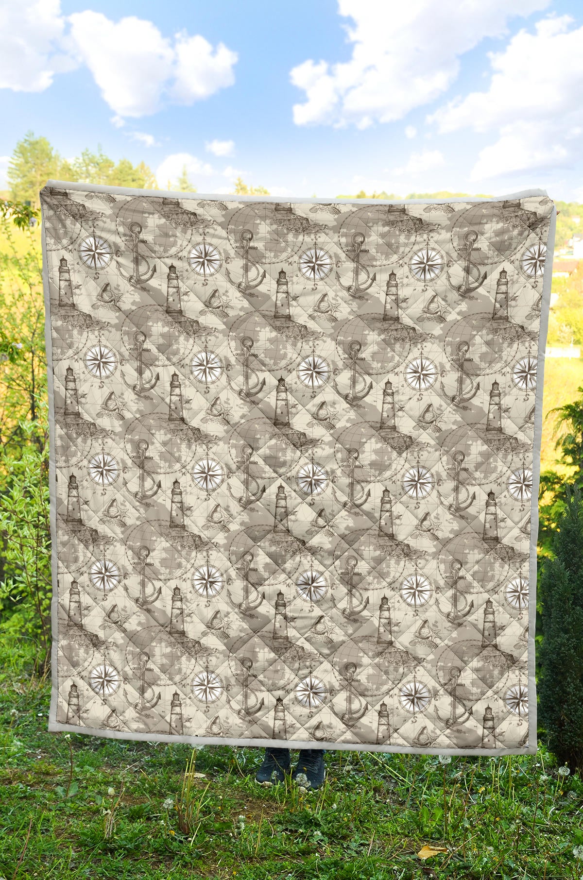 Nautical Map Design Themed Print Quilt Bedspread