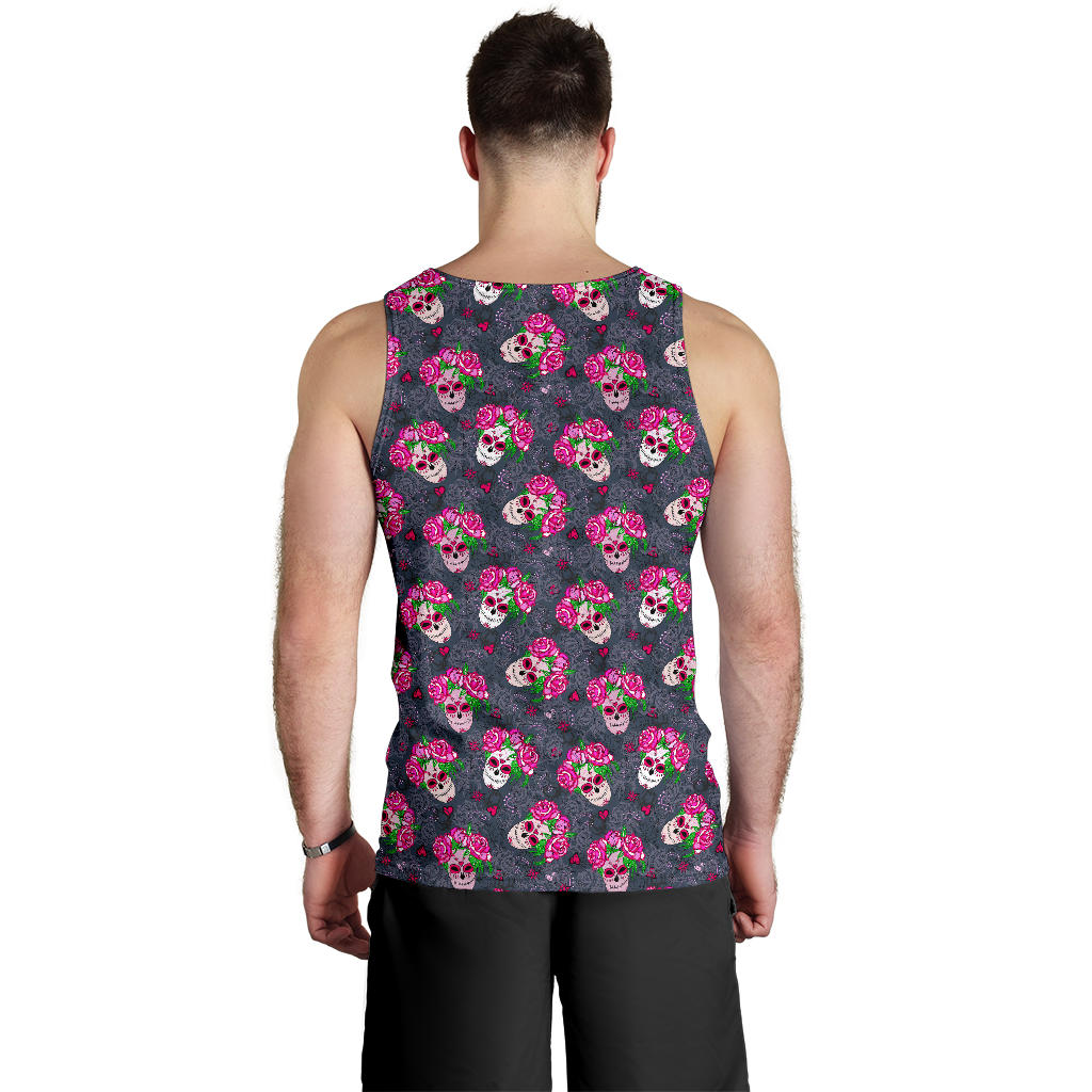 Sugar Skull Pink Rose Themed Print Men Tank Top
