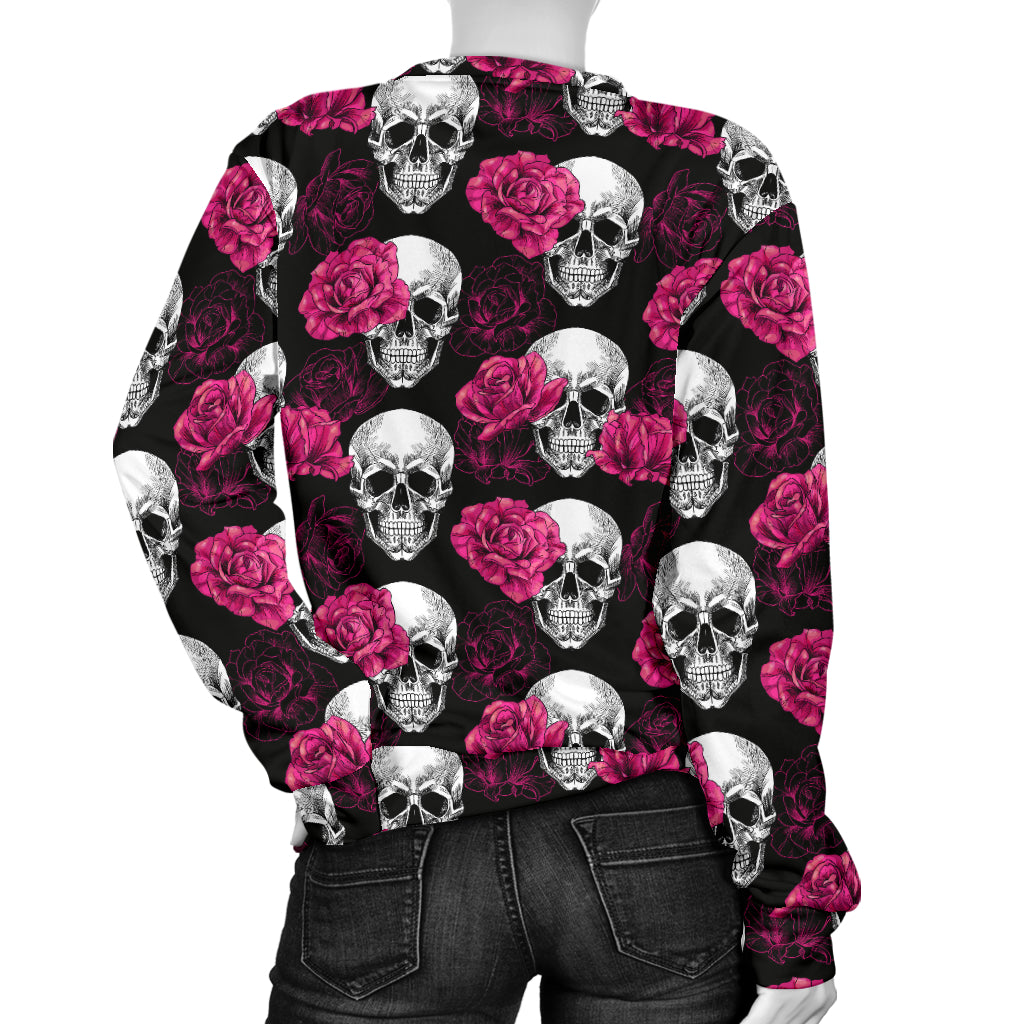 Pink Rose Skull Themed Print Women Long Sleeve Sweatshirt