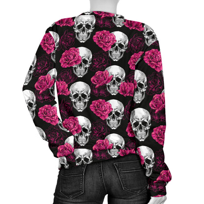 Pink Rose Skull Themed Print Women Long Sleeve Sweatshirt