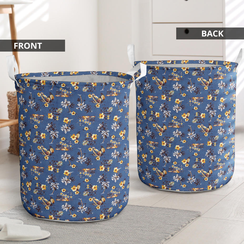 Hawaiian Flower Blue Print Laundry Basket