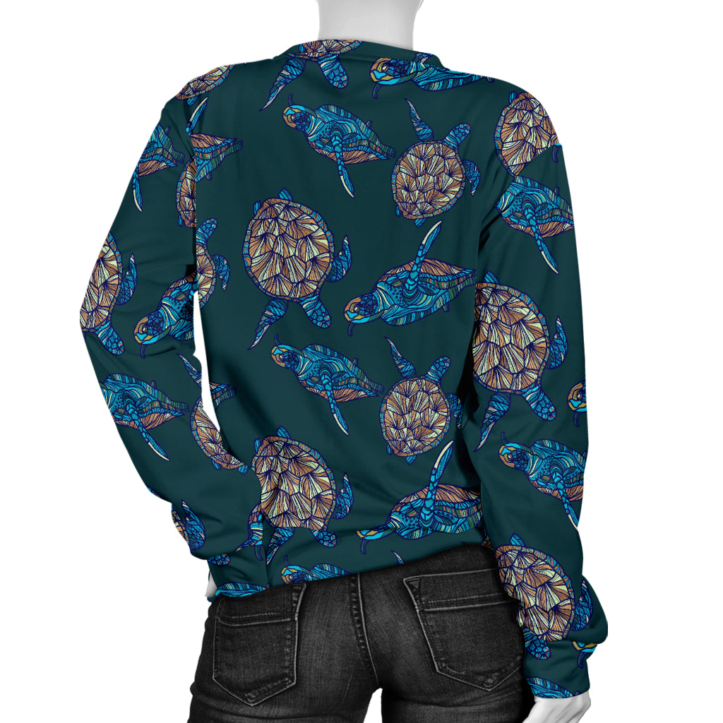 Sea Turtle Hand Drawn Blue Print Women Long Sleeve Sweatshirt