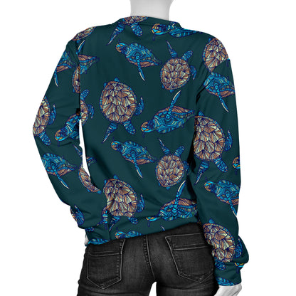 Sea Turtle Hand Drawn Blue Print Women Long Sleeve Sweatshirt