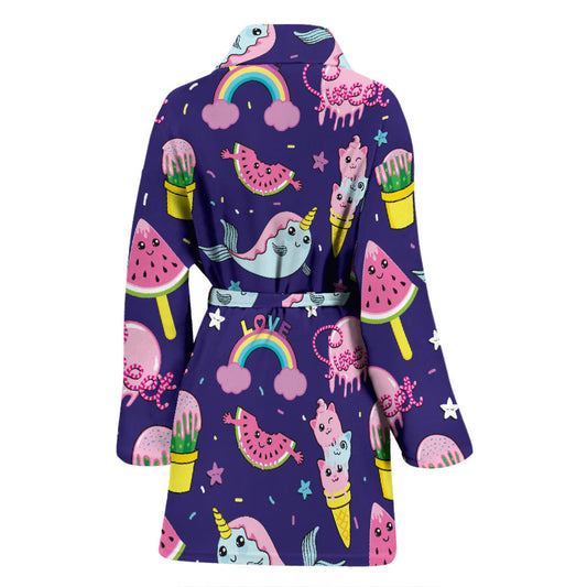 Narwhal Cute Pattern Print Design 02 Women Bathrobe