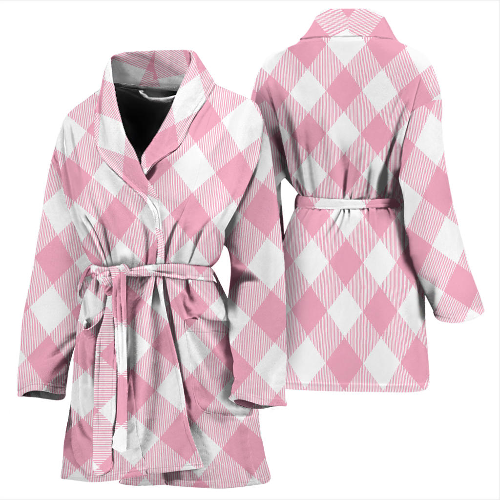 Gingham Pink Pattern Print Design 02 Women Bathrobe