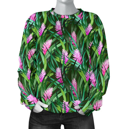 Tropical Folower Pink Heliconia Print Women Long Sleeve Sweatshirt