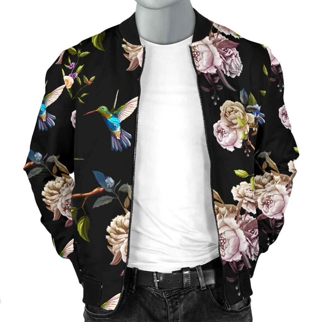 Hummingbird Flower Themed Print Men Bomber Jacket