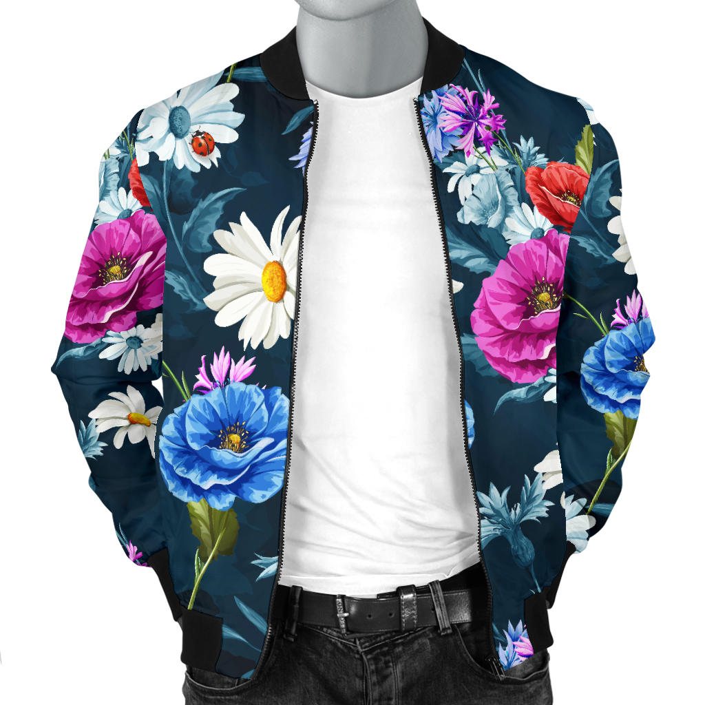 Floral Blue Themed Print Men Bomber Jacket