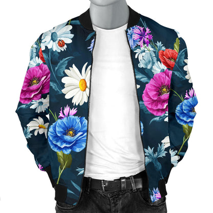 Floral Blue Themed Print Men Bomber Jacket