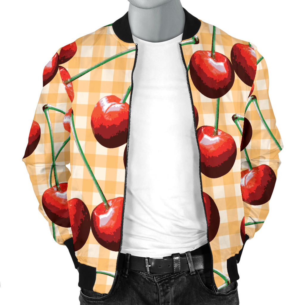 Cherry Orange Plaid Print Men Bomber Jacket