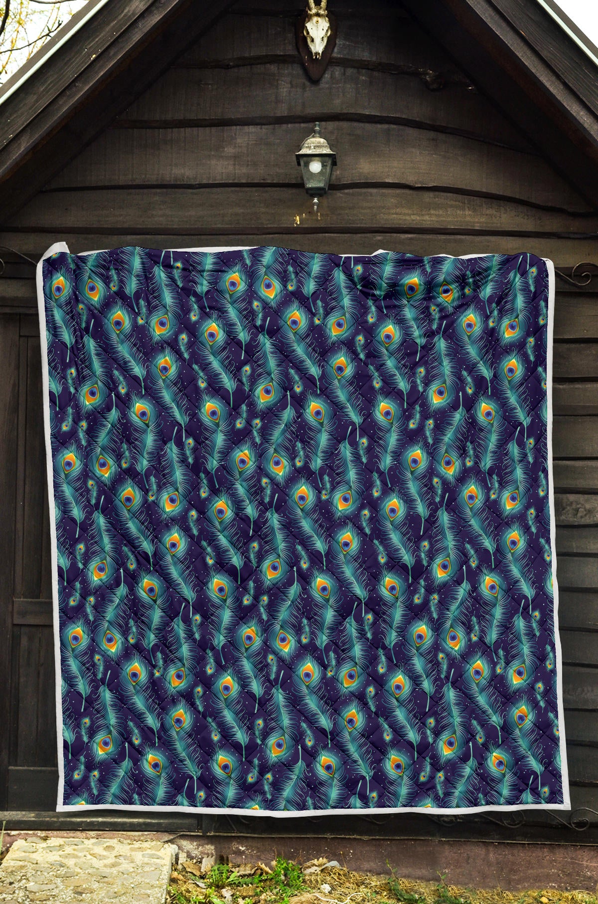 Peacock Feather Blue Design Print Quilt Bedspread