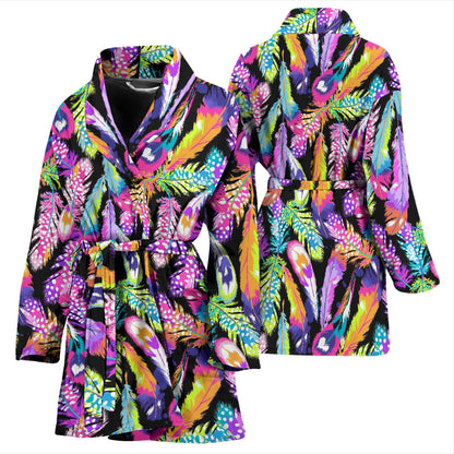 Neon Feather Pattern Print Design A02 Women Bathrobe