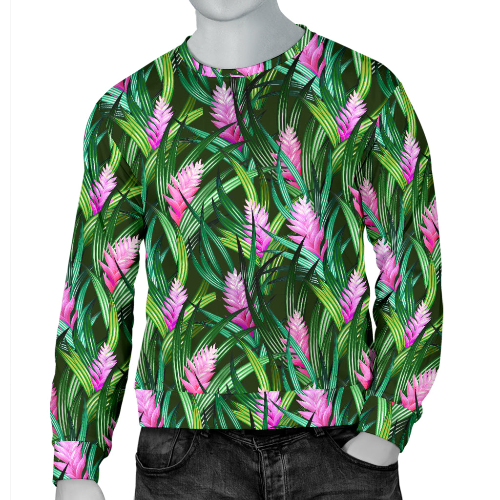 Tropical Folower Pink Heliconia Print Men Long Sleeve Sweatshirt