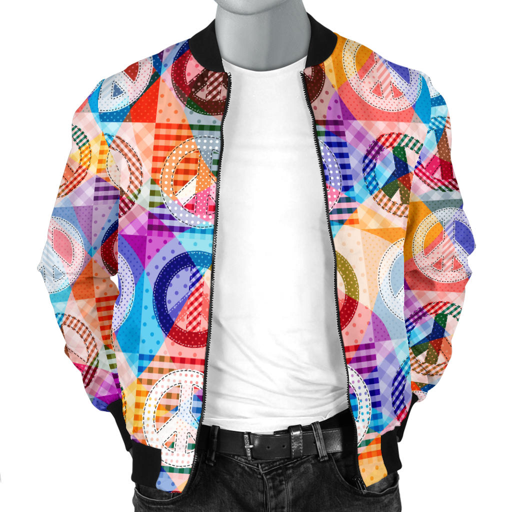 Peace Sign Patchwork Design Print Men Bomber Jacket