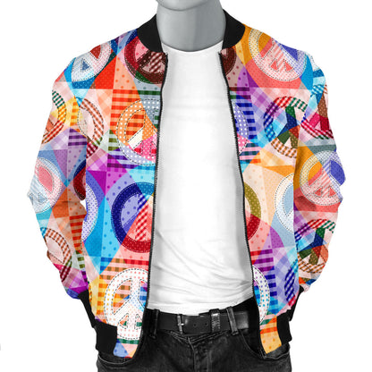 Peace Sign Patchwork Design Print Men Bomber Jacket