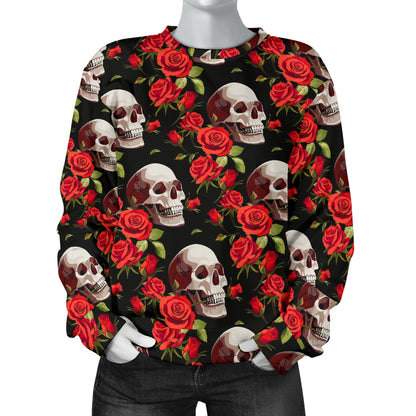 Red Rose Skull Design Print Women Long Sleeve Sweatshirt