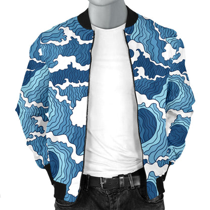 Wave Themed Pattern Print Men Bomber Jacket