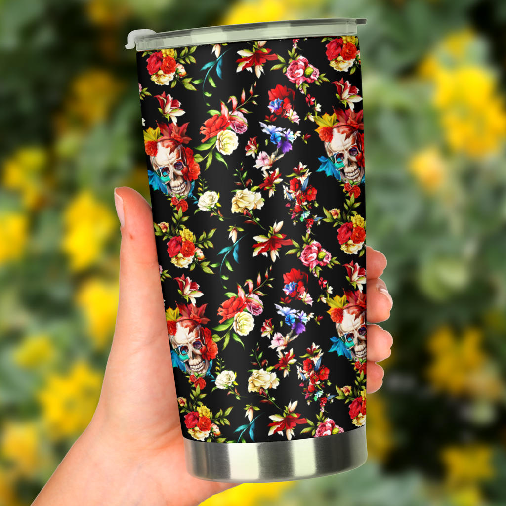 Skull Roses Flower Design Themed Print Tumbler