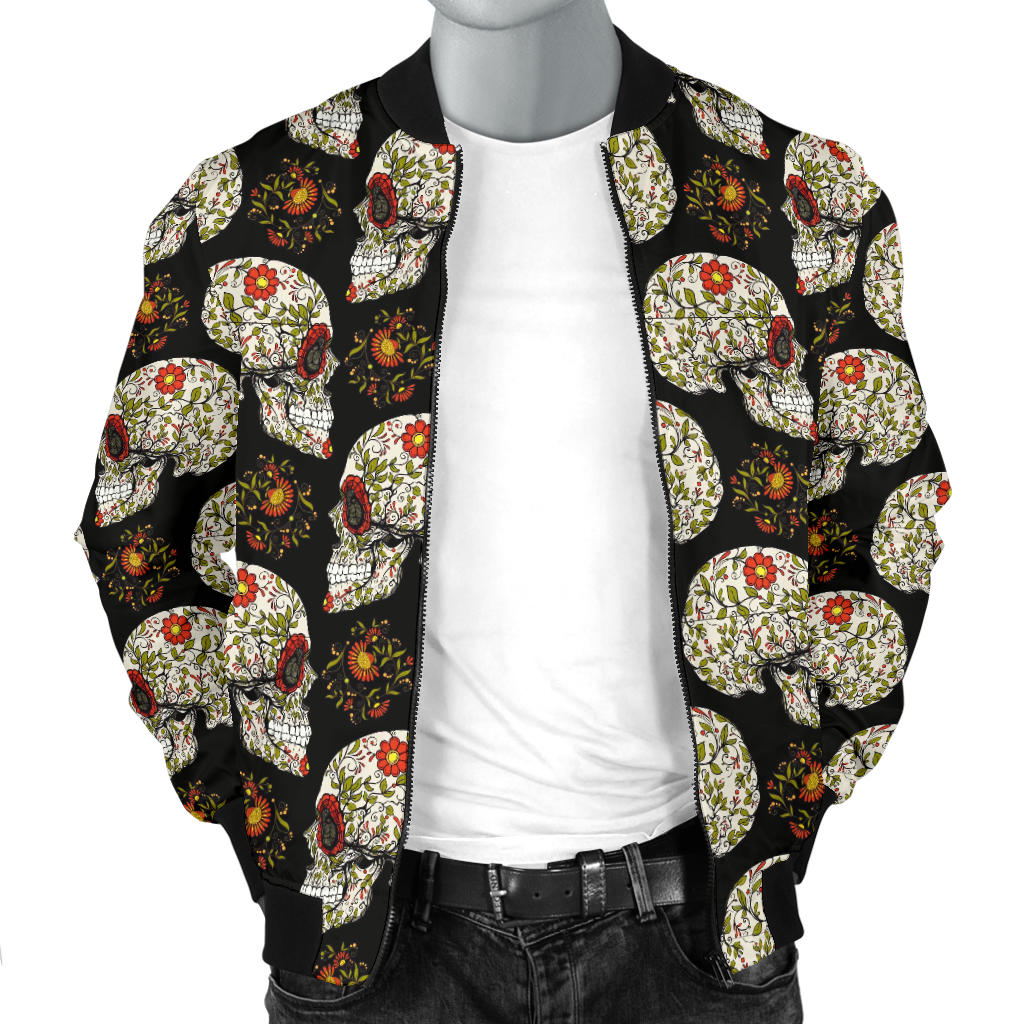 Sugar Skull Flower Design Themed Print Men Bomber Jacket