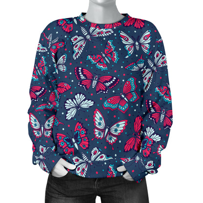 Butterfly Red Deep Blue Print Pattern Women Long Sleeve Sweatshirt
