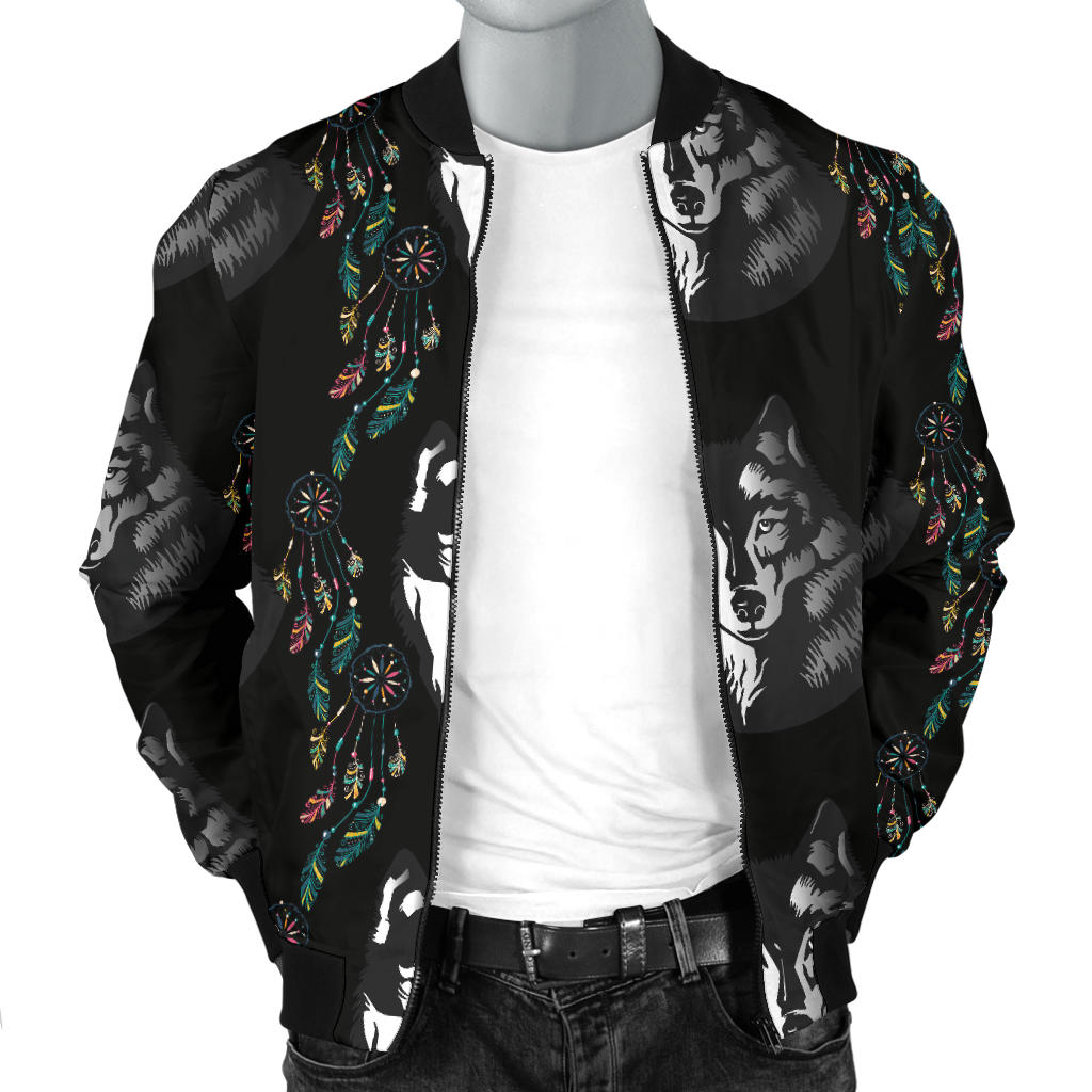 Wolf Black Dream Catcher Design Print Men Bomber Jacket