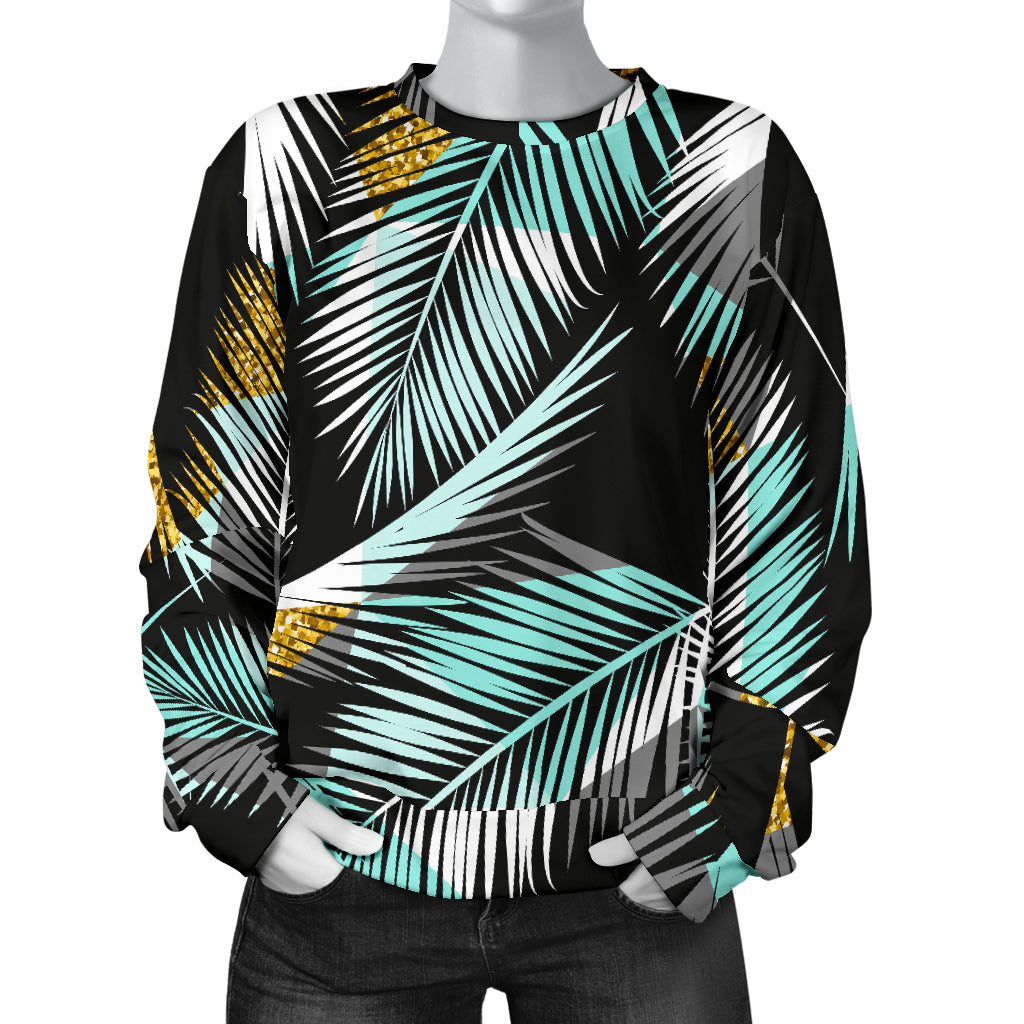 Gold Glitter Cyan Tropical Palm Leaves Women Long Sleeve Sweatshirt
