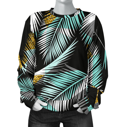 Gold Glitter Cyan Tropical Palm Leaves Women Long Sleeve Sweatshirt