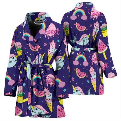 Narwhal Cute Pattern Print Design 02 Women Bathrobe