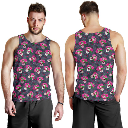 Sugar Skull Pink Rose Themed Print Men Tank Top