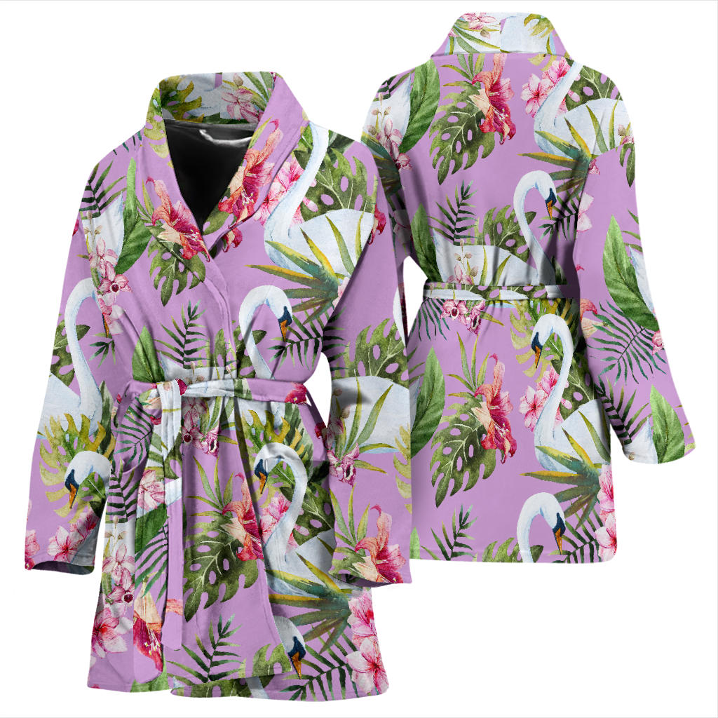 Swan with Flower Pattern Print Design 01 Women Bathrobe
