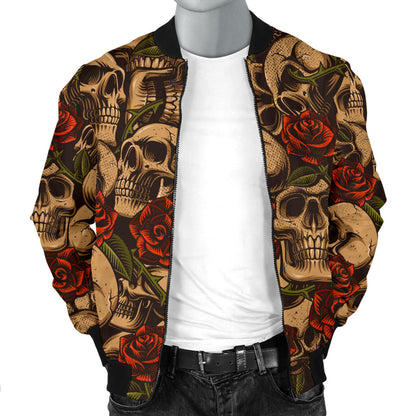 Skull Roses Vintage Design Themed Print Men Bomber Jacket