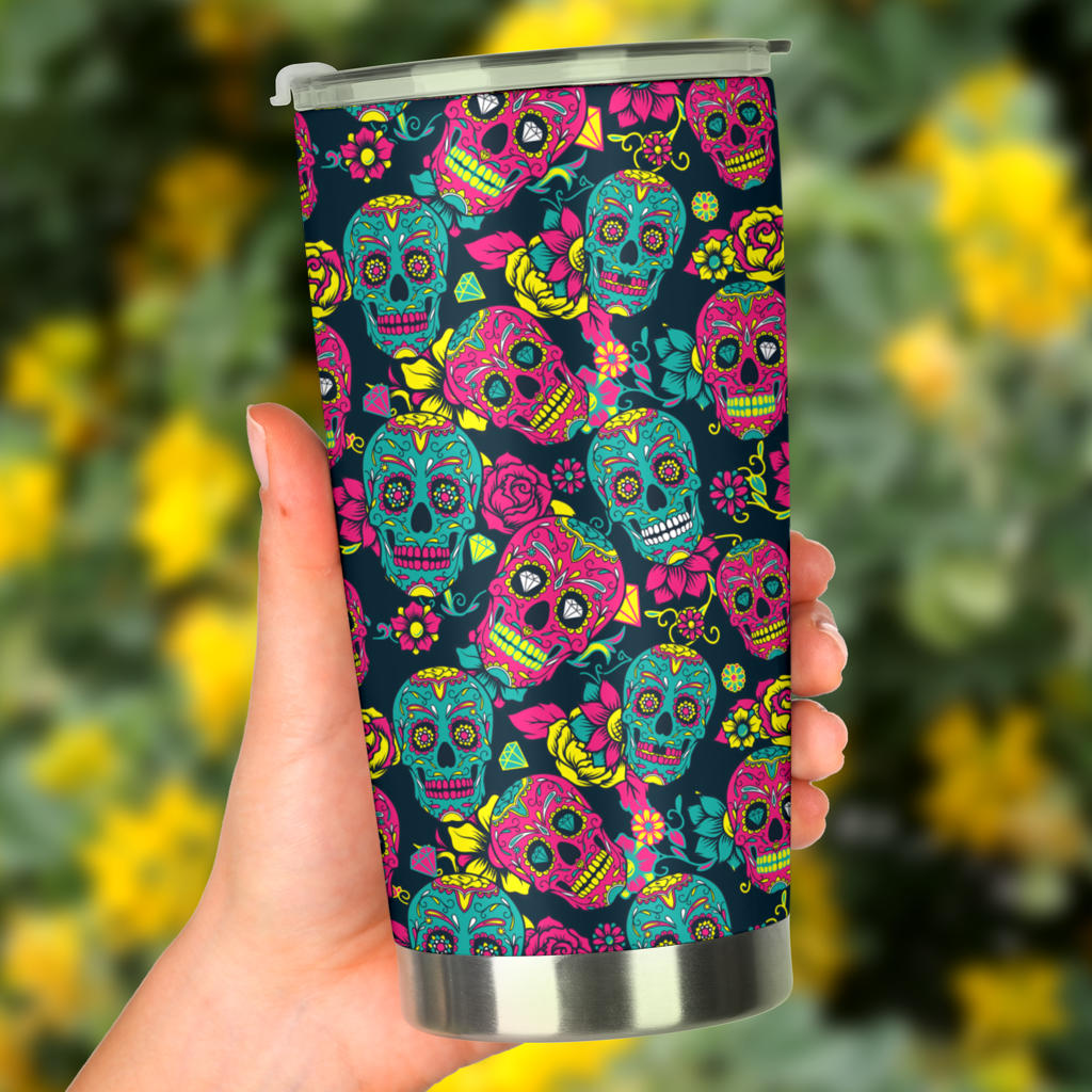 Sugar Skull Floral Design Themed Print Tumbler