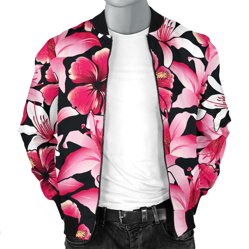 Flower Hawaiian Pink Red Hibiscus Print Men Bomber Jacket