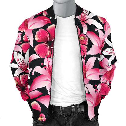 Flower Hawaiian Pink Red Hibiscus Print Men Bomber Jacket
