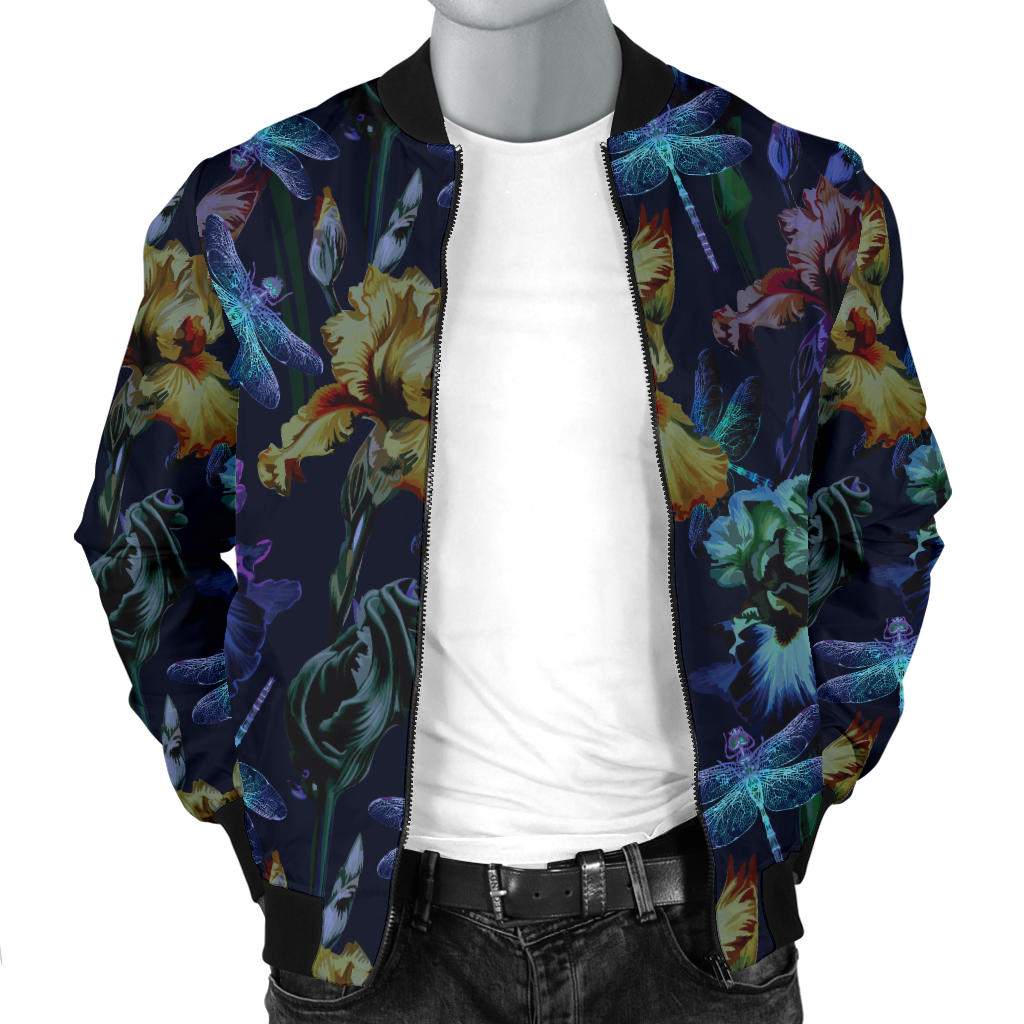 Dragonfly With Floral Print Pattern Men Bomber Jacket